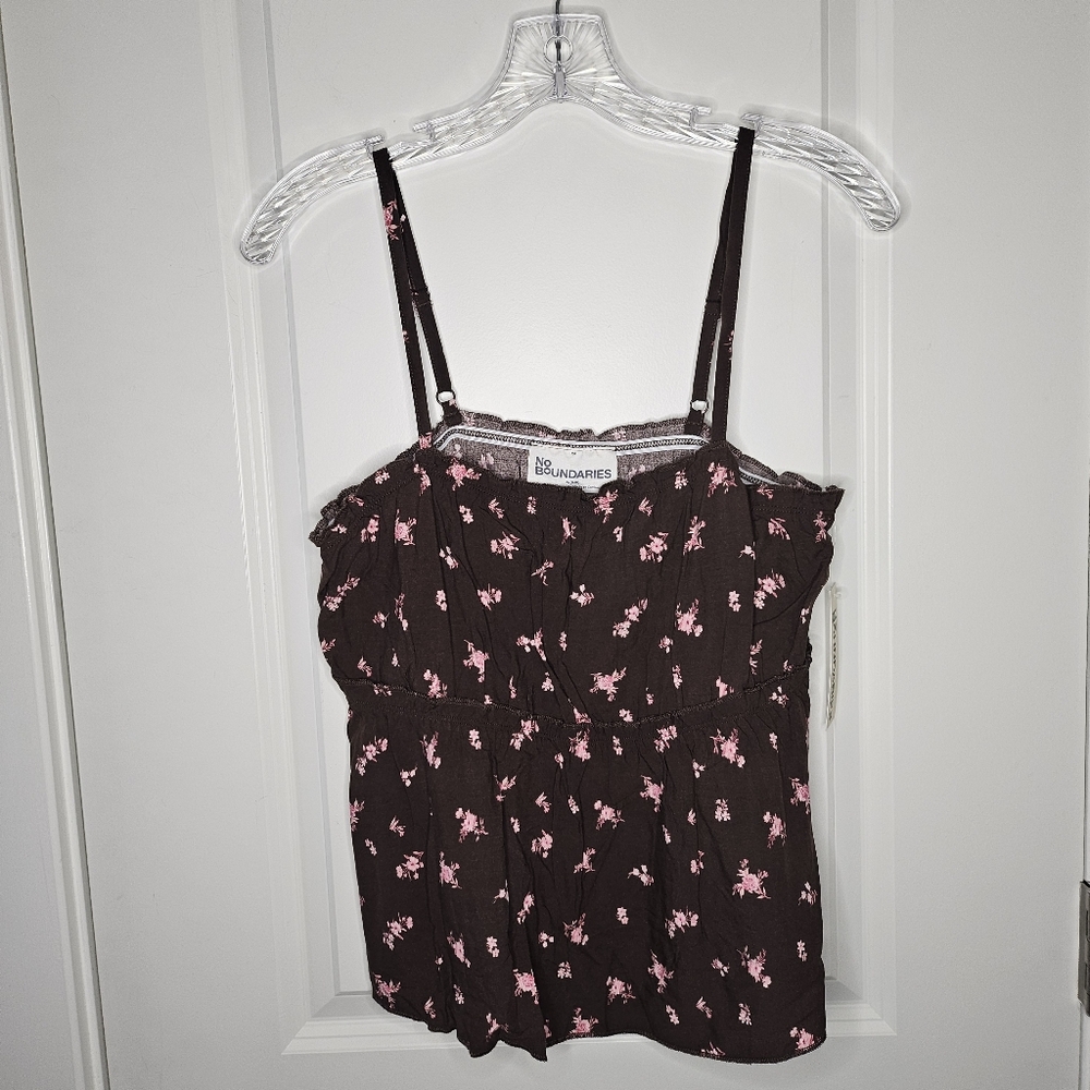 Womens Y2K Cami Top Size M Brown Floral Peplum Adjustable Straps Cottagecore - Picture 2 of 9